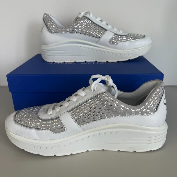 Stuart Weitzman CHRISTA White Leather Embellished Platform Sneaker Sz 8 - Picture 3 of 8